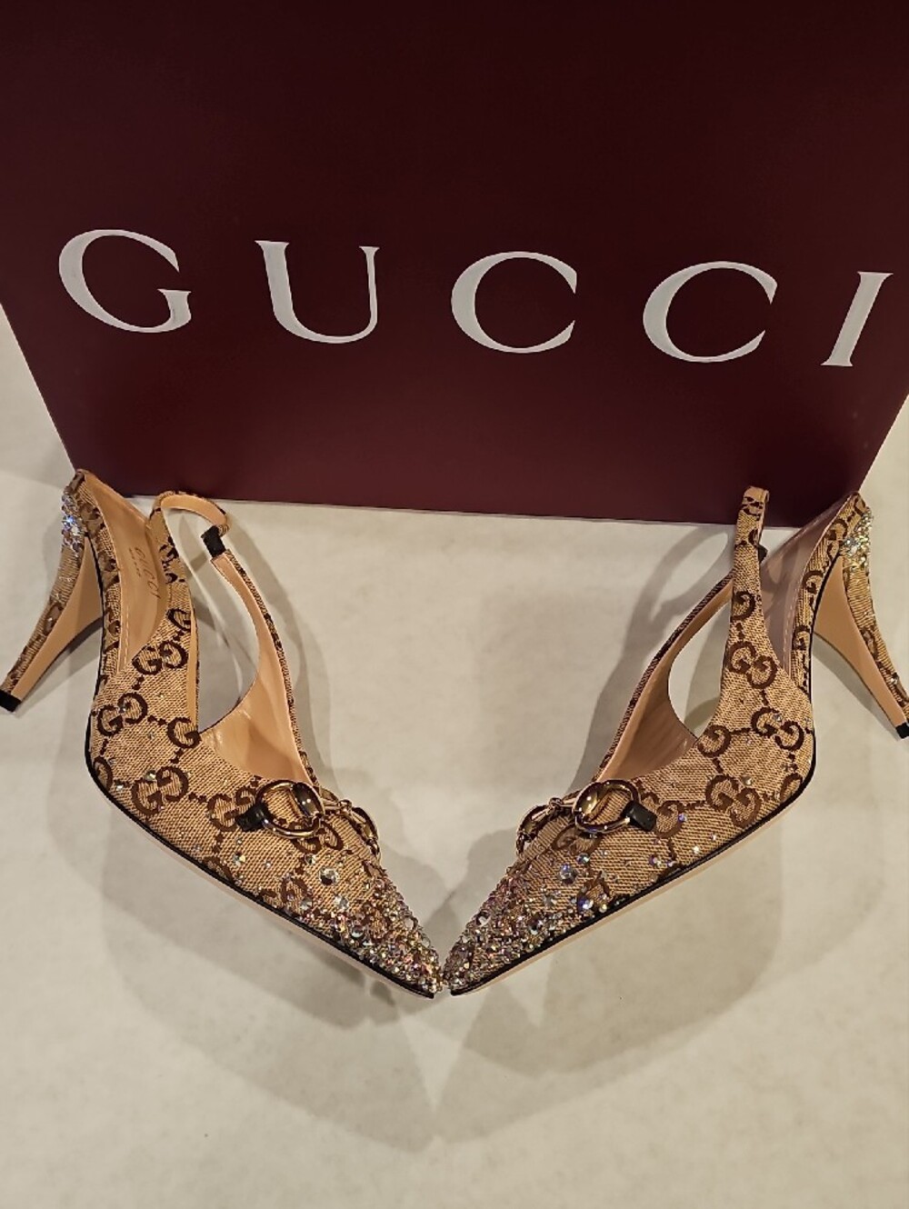 Gucci Beige GG Canvas Slingback Pointed Toe Crystal Heels - Picture 3 of 7